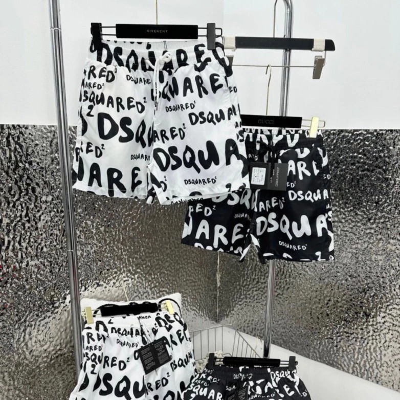 Quần short nam DSQ2 vải gió 2 lớp hoạ tiết vân chữ monogram đen trắng cạp chun dây thắt thoáng mát đi chơi đi biển 2024