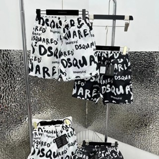 Quần short nam DSQ2 vải gió 2 lớp hoạ tiết vân chữ monogram đen trắng cạp chun dây thắt thoáng mát đi chơi đi biển 2024