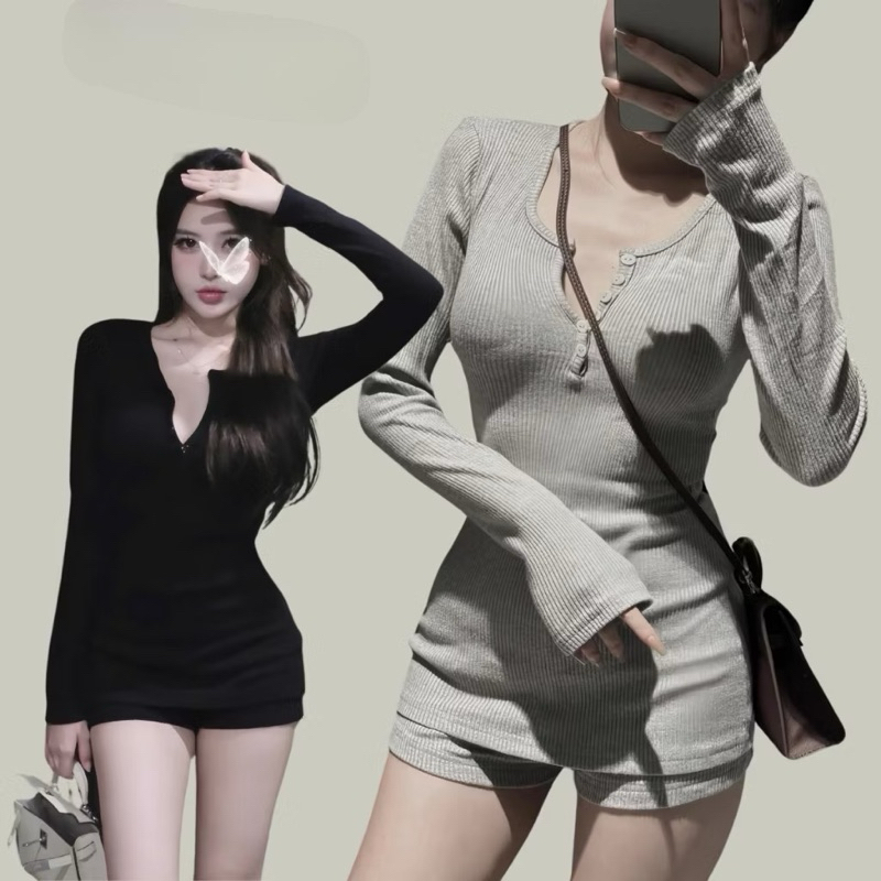 Set Len Gân Cài Khuy Tăm Dài Tay + Quần Short Ôm Set Tăm Gân Co Dãn 4 Chiều Hot Hit