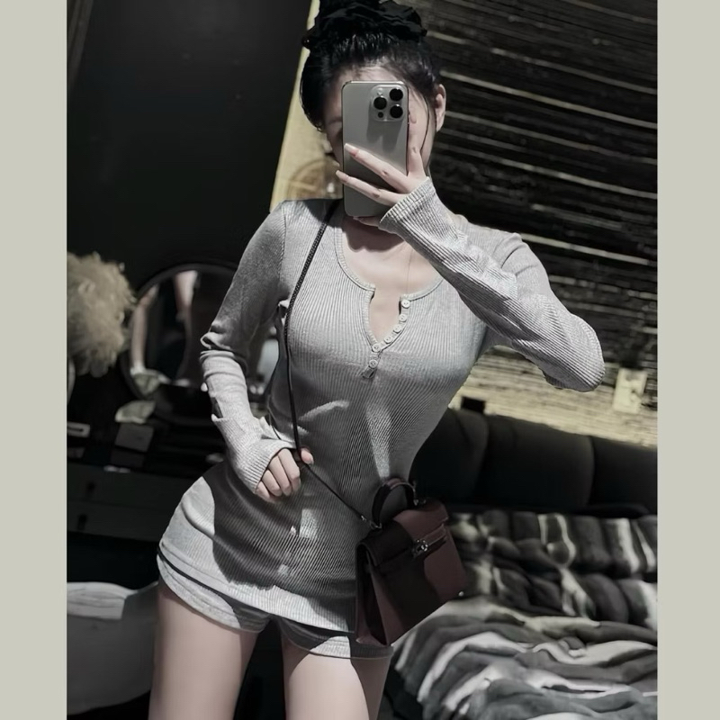 Set Len Gân Cài Khuy Tăm Dài Tay + Quần Short Ôm Set Tăm Gân Co Dãn 4 Chiều Hot Hit | BigBuy360 - bigbuy360.vn