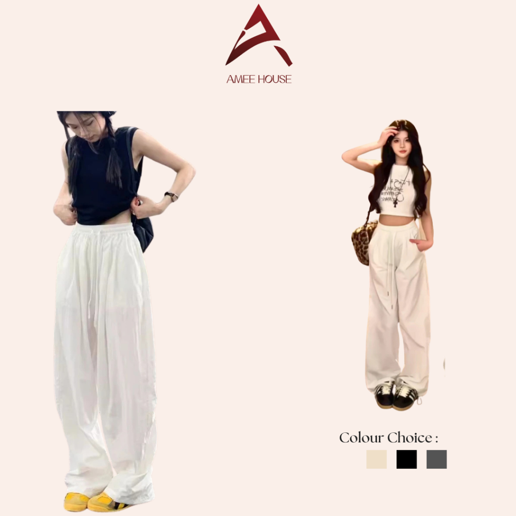 Quần ống rộng cạp chun mát lạnh mùa hè bản mới, quần ống rộng gió nhăn cạp cao nhiều màu ameehouse