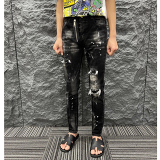 Quần jean dsq đen xám vá lót gối mix khoá ria bản 4 cúc tang hồng host tren 2025