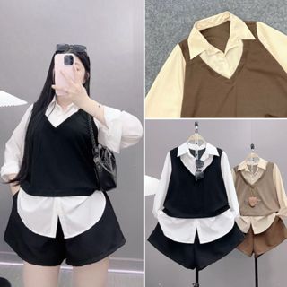 Set Bộ Bigsize Nữ áo sơ mi đuôi tôm phối kiểu ghi lê màu đen đỏ phối quần short đùi ngắn mặc thoải mái - SET944