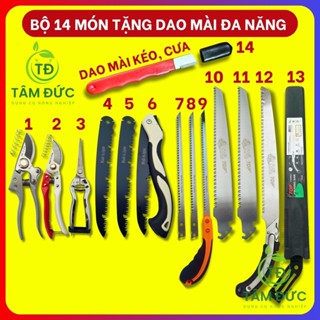 Bộ dụng cụ làm vườn 14 món thép SK5 Nhật Bản gồm 2 kéo cắt cành SK5, 1 kéo tỉa dăm, 3 cưa gỗ cầm tay và lưỡi cưa sơ cua.