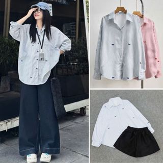 Set áo sơ mi bigsize nữ tay dài vải mềm QC kẻ sọc họa tiết nơ xinh xắn kèm quần đùi lưng cao - SET975