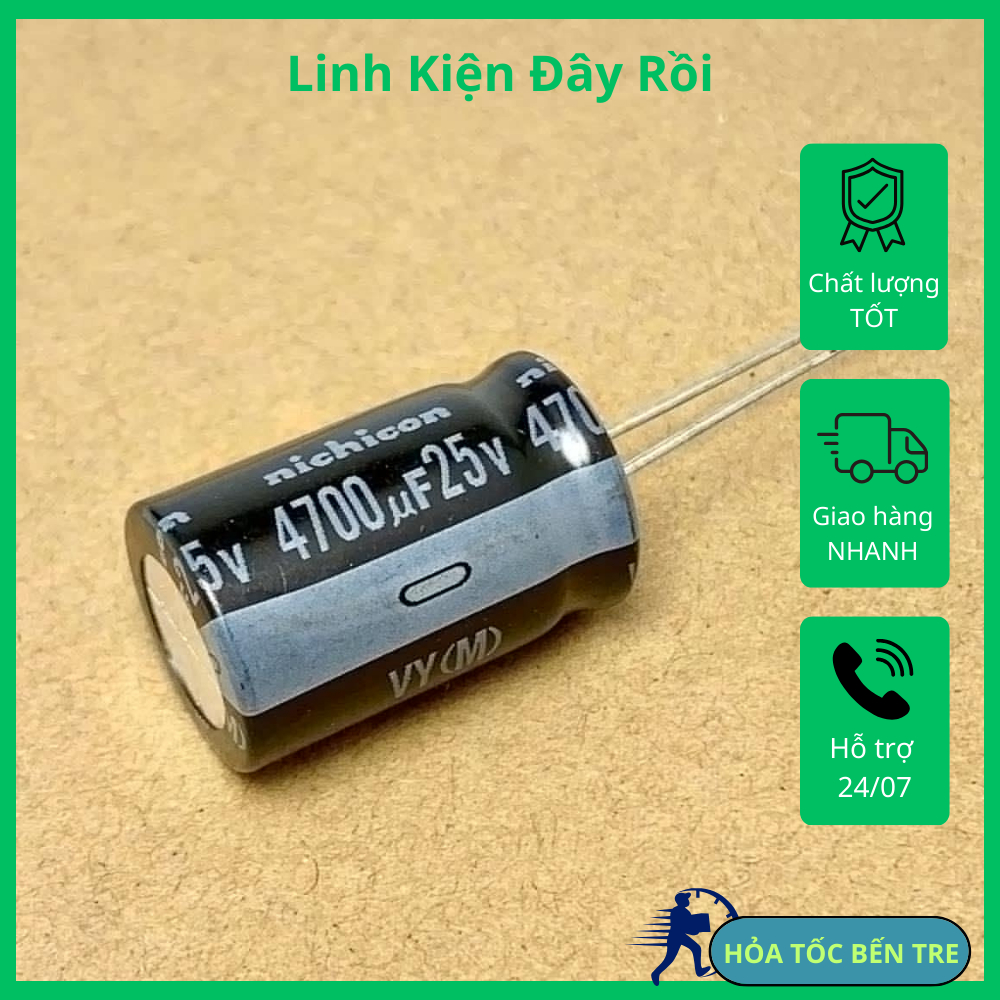 2 cái tụ điện hóa 4700uF 25V 4700uF25V hãng Nichicon kích thước 16x25mm