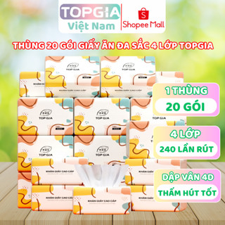  Giấy ăn rút Topgia thùng 20 gói đa sắc cao cấp 240 tờ 4 lớp dập vân 4D mềm mịn thấm hút tốt 