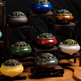 Lư Xông Trầm Hương Nắp Đồng Thân Gốm Sứ Lư Xông Nụ Trầm Đốt Nhang Vòng Phong Thủy Đồ Thờ Cúng