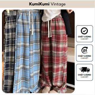 Quần Kẻ Dạ baggy Ống Rộng cho nữ -Quần kẻ sọc caro ống Suông Form Rộng phong cách hàn quốc