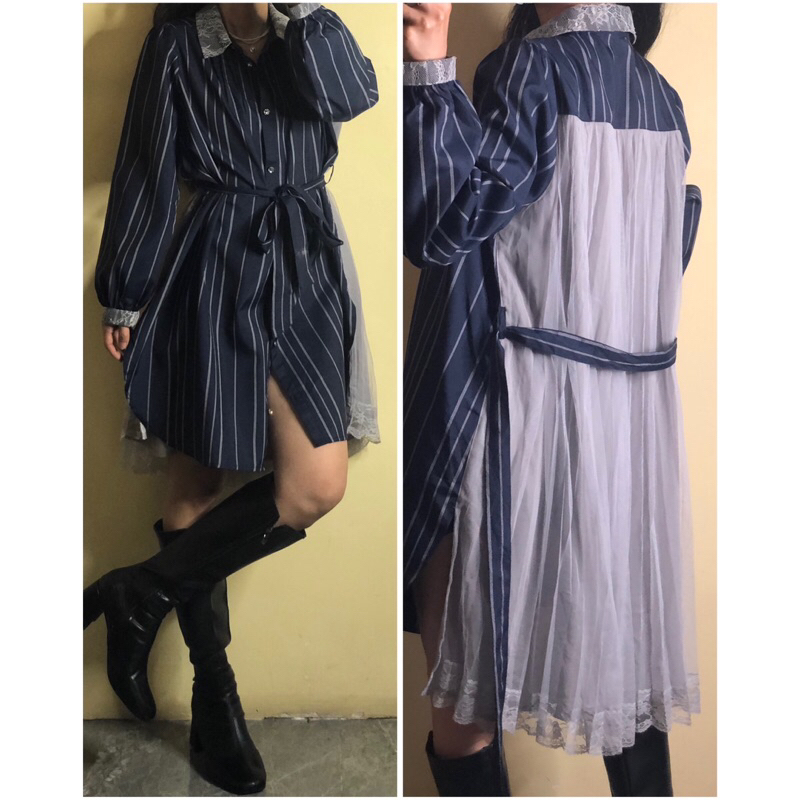 Đầm sơ mi xanh than ghép vải ren siêu phẩm AXES FEMME size F