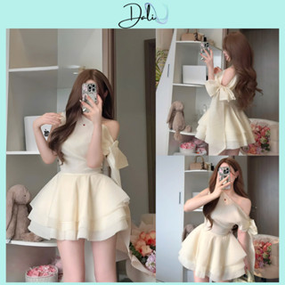 Đầm Tơ Lệch Vai Buộc Nơ Tiểu Thư Dáng Xoè Tầng Sang Chảnh Tặng Kèm Quần Trong