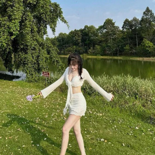 324 - Sét bộ nữ 3 món áo lót bikini bra dây hở lưng phối áo khoác lững tay dài chất xốp lưới kèm chân váy ngắn có quần
