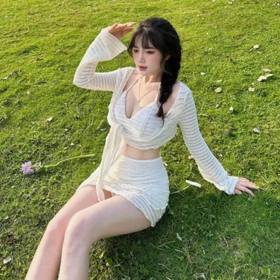 [SB138] Sét bộ nữ 3 món áo lót bikini bra dây hở lưng phối áo khoác lững tay dài chất xốp lưới kèm chân váy ngắn có quần | BigBuy360 - bigbuy360.vn