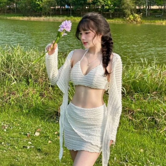 [SB138] Sét bộ nữ 3 món áo lót bikini bra dây hở lưng phối áo khoác lững tay dài chất xốp lưới kèm chân váy ngắn có quần