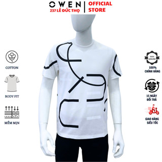 Áo thun nam  cổ tròn OWEN TSN243619 phông Tshirt màu trắng họa tiết đen mềm mát phom body fit tôn dáng