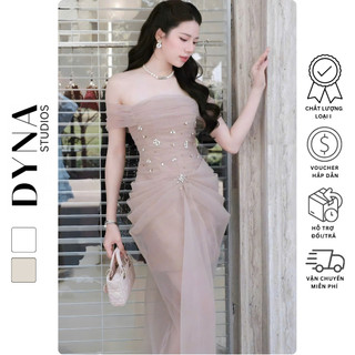 Váy quây croset phối lưới trễ vai dúm bụng đính đá CHÂU HY dáng dài DYNA STUDIOS