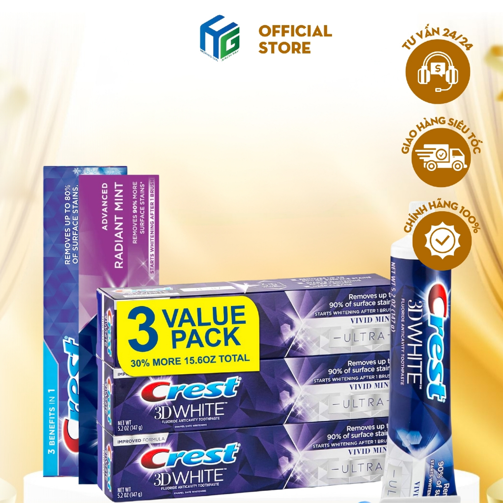 Hàng Mỹ - kem đánh trắng răng Crest 3D white Brilliance/Brilliance Extra/Luminous Purple