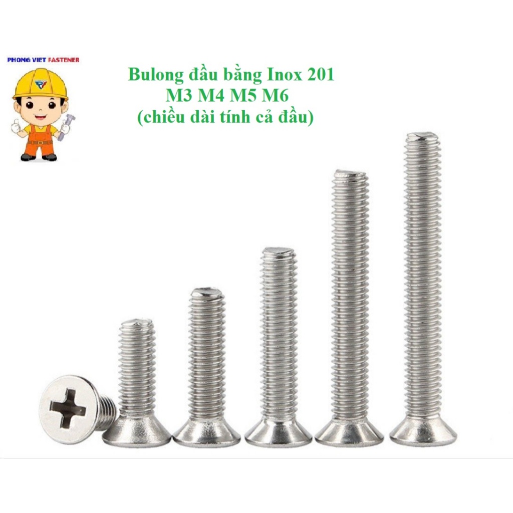 [INOX201] 10 cái M3-M6 vít pake đầu bằng thân bulong inox201 M3-M6