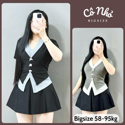 Áo Thun Kiểu Bigsize Nữ Tay Ngắn Cổ Tim Co Giãn Giả 2 Lớp Dịu Dàng Cho Chubby 60-95kg A271
