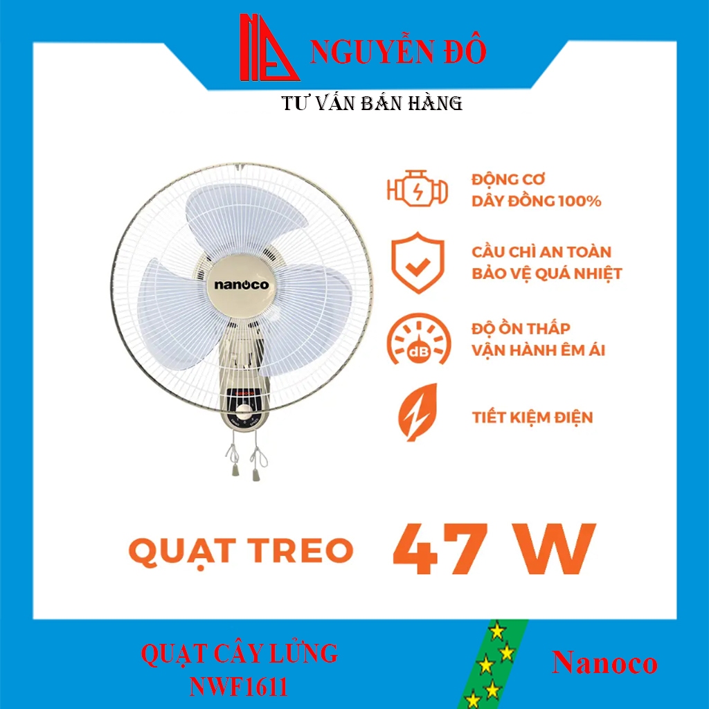 Quạt treo tường Nanoco giật 2 dây NWF1611, 3 màu Xanh/Xám/Beige, 3 cấp độ gió công suất 47w motor dâ