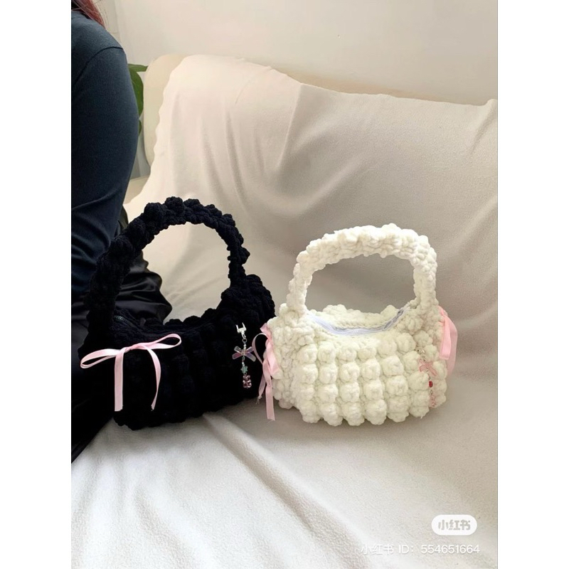 túi hạt bắp  handmade bằng len nhung đũa đeo vai đính nơ dễ thương