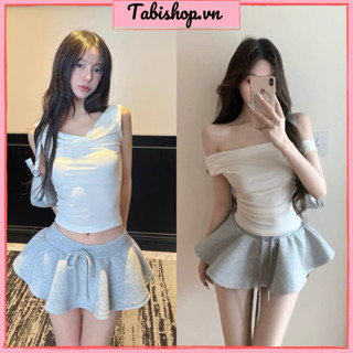 Set áo thun trễ vai màu trắng phối váy quần ngắn màu xám TABISHOP set đồ nữ phong cách Y2K trẻ trung(84)