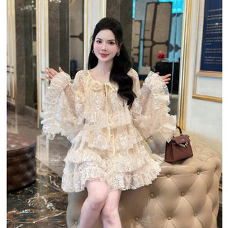Đầm đi dự tiệc, váy dự tiệc cổ tròn thắt nơ ren hoa form xòe rộng ngắn  thiết kế tiểu thư sang chảnh thanh lịch LEV ROSE