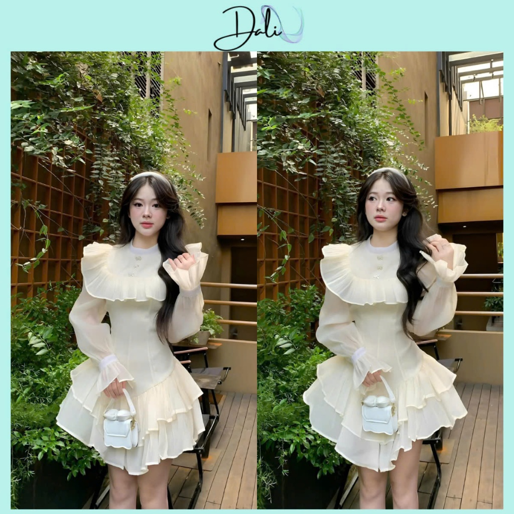 Đầm Tiểu Thư Chất Liệu Tơ Xốp Đính Ghim Nơ Đá Cổ Tròn Phối Viền Bèo Tay Bồng Xoè Tầng | BigBuy360 - bigbuy360.vn