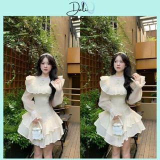  Đầm Tiểu Thư Chất Liệu Tơ Xốp Đính Ghim Nơ Đá Cổ Tròn Phối Viền Bèo Tay Bồng Xoè Tầng 