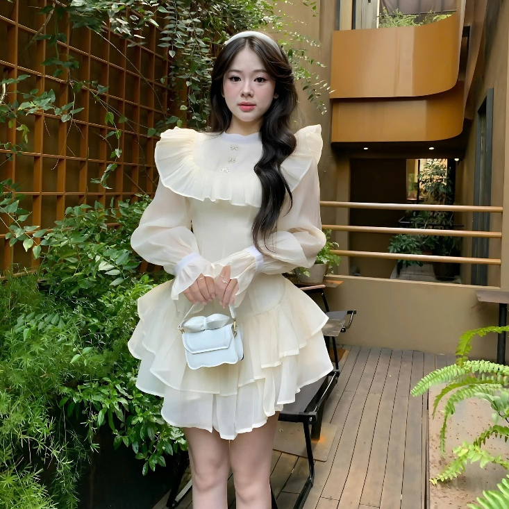 Đầm Tiểu Thư Chất Liệu Tơ Xốp Đính Ghim Nơ Đá Cổ Tròn Phối Viền Bèo Tay Bồng Xoè Tầng | BigBuy360 - bigbuy360.vn