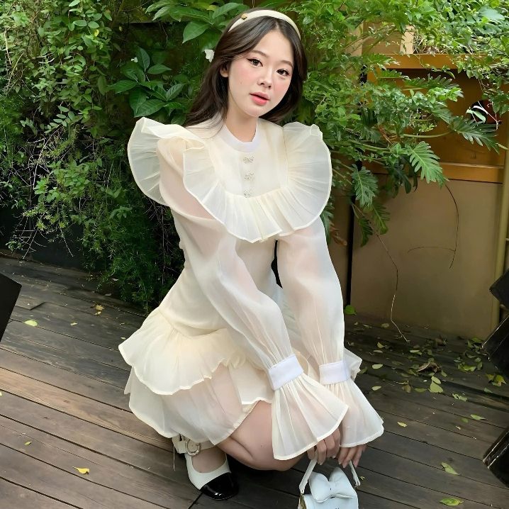 Đầm Tiểu Thư Chất Liệu Tơ Xốp Đính Ghim Nơ Đá Cổ Tròn Phối Viền Bèo Tay Bồng Xoè Tầng | BigBuy360 - bigbuy360.vn