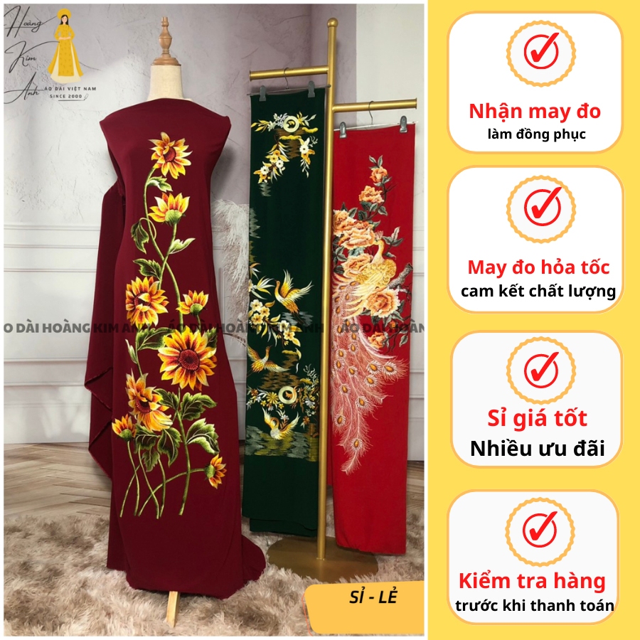 VẢI MAY ÁO DÀI VẢI LỤA MANGO THÊU LẮC TAY THU CÔNG HOA HƯỚNG DƯƠNG ĐỘC LẠ, HÀNG THIẾT KẾ CAO CẤP - M