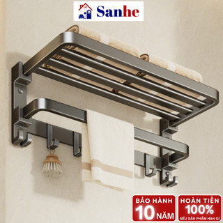 Giá treo khăn nhà tắm Sanhe dán tường có móc treo đồ, kệ nhà tắm để khăn kèm thanh ngang treo quần áo nhôm chống han gỉ