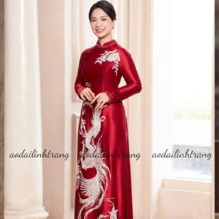 Áo dài bà Sui Đỏ Đô, áo dài trung niên Phượng Hoàng, chất liệu lụa Bảo Ngọc (lụa RuBy) cao cấp, thêu đính kết thủ công