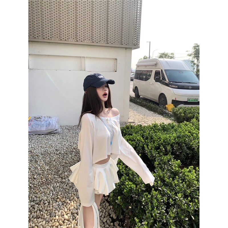 Set Áo thun croptop tay dài trễ vai mix quần bí TABISHOP Set đồ nữ sang chảnh mặc hè đi chơi đi biển(85) | BigBuy360 - bigbuy360.vn