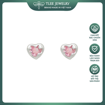 Khuyên tai bạc nữ TLEE trái tim đính đá hồng cách điệu cá tính TLEE JEWELRY B0541