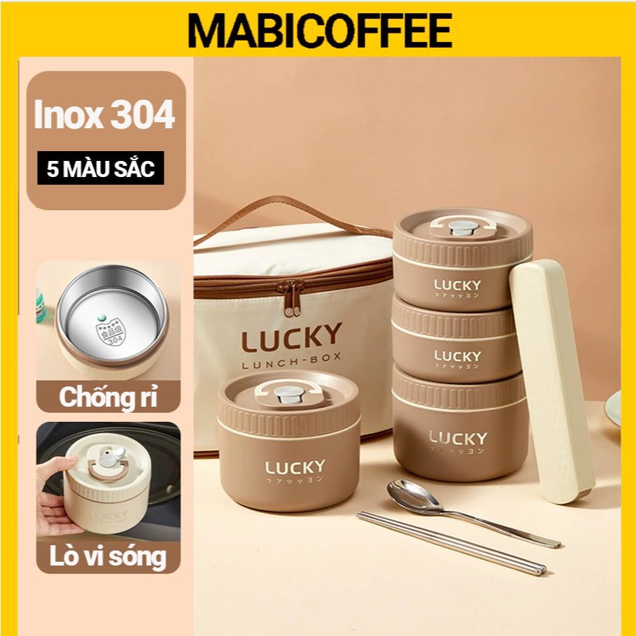 Hộp Đựng Cơm Giữ Nhiệt Lucky INOX 304 - Dung tích 1L - 2L Tặng kèm túi và Hộp dụng cụ ăn
