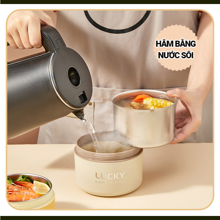 Hộp Đựng Cơm Giữ Nhiệt Lucky INOX 304 - Dung tích 1L - 2L Tặng kèm túi và Hộp dụng cụ ăn | BigBuy360 - bigbuy360.vn
