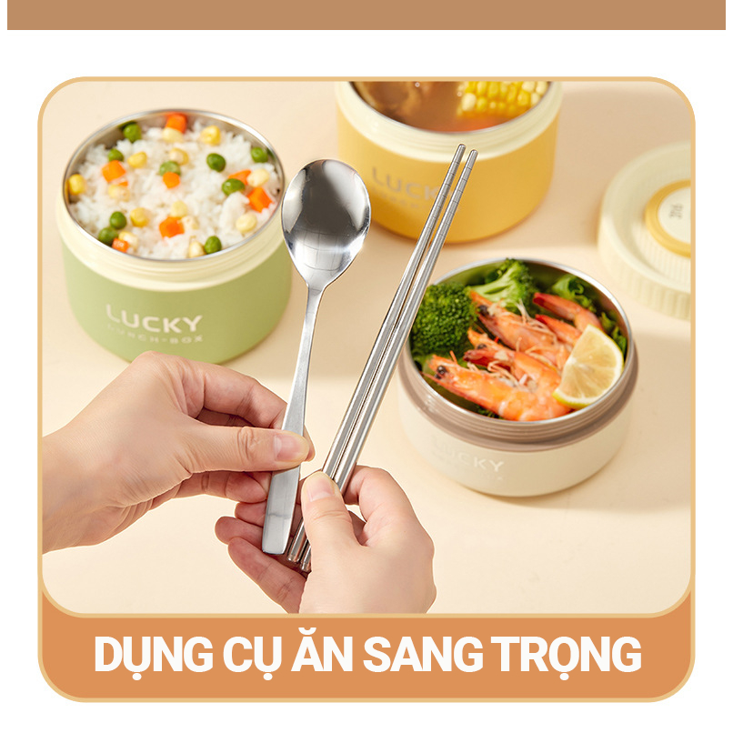 Hộp Đựng Cơm Giữ Nhiệt Lucky INOX 304 - Dung tích 1L - 2L Tặng kèm túi và Hộp dụng cụ ăn | BigBuy360 - bigbuy360.vn