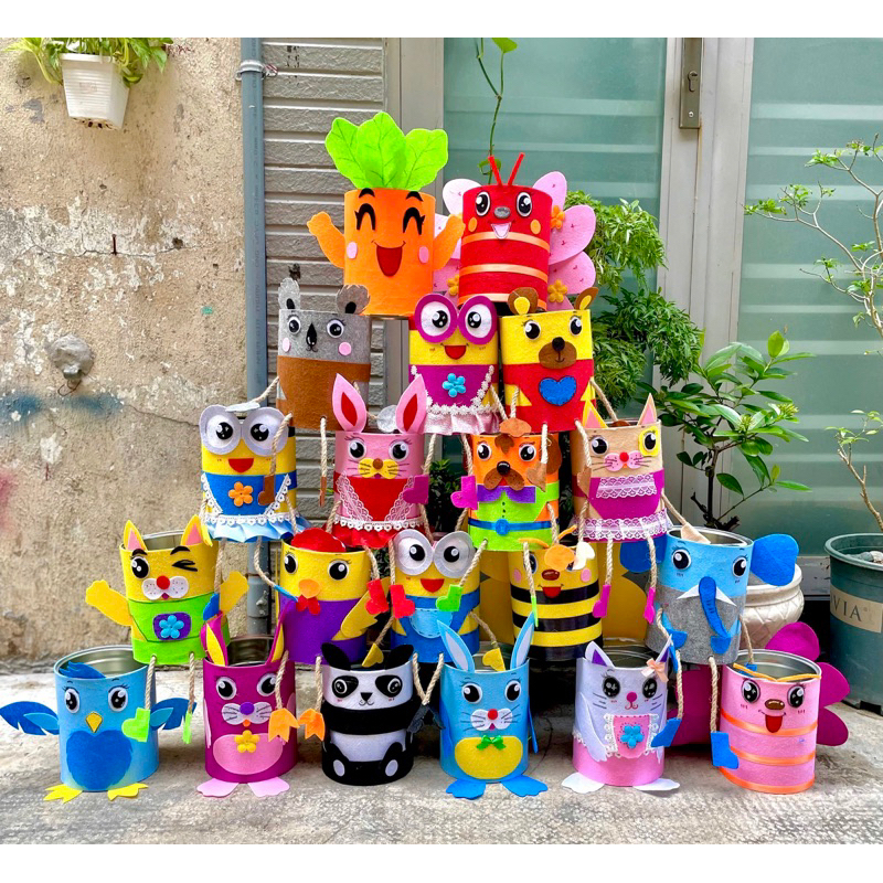 chậu trồng cây, chậu trồng cây tái chế từ lon sữa, chậu cây để bàn minion