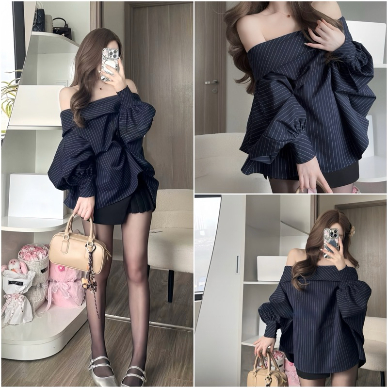 Áo Trễ Vai Kẻ Dọc Xanh Chất Chéo Thái Form Rộng Tay Phồng Cánh Rơi | BigBuy360 - bigbuy360.vn
