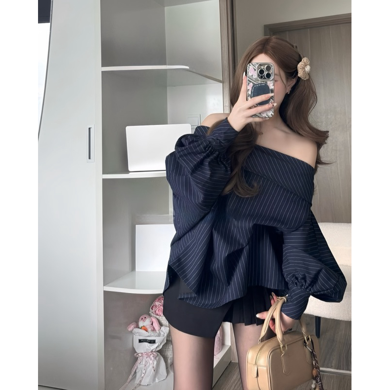 Áo Trễ Vai Kẻ Dọc Xanh Chất Chéo Thái Form Rộng Tay Phồng Cánh Rơi | BigBuy360 - bigbuy360.vn