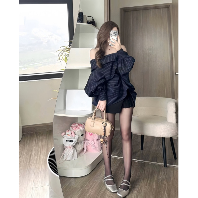 Áo Trễ Vai Kẻ Dọc Xanh Chất Chéo Thái Form Rộng Tay Phồng Cánh Rơi | BigBuy360 - bigbuy360.vn