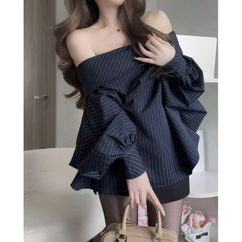 Áo Trễ Vai Kẻ Dọc Xanh Chất Chéo Thái Form Rộng Tay Phồng Cánh Rơi | BigBuy360 - bigbuy360.vn