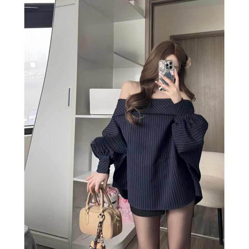 Áo Trễ Vai Kẻ Dọc Xanh Chất Chéo Thái Form Rộng Tay Phồng Cánh Rơi | BigBuy360 - bigbuy360.vn