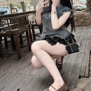  Set Bộ Nữ Áo Bò Sát Nách Tay Bèo Viền Mix Chân Váy Xếp Tầng Kèm Quần Bảo Hộ 