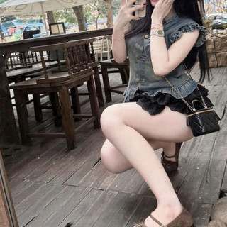  Set Bộ Nữ Áo Bò Sát Nách Tay Bèo Viền Mix Chân Váy Xếp Tầng Kèm Quần Bảo Hộ 