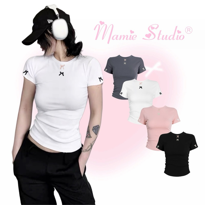 Áo thun đính nơ MaMie form ôm body cho nữ, baby tee đủ màu chất cotton co giãn thoải mái.