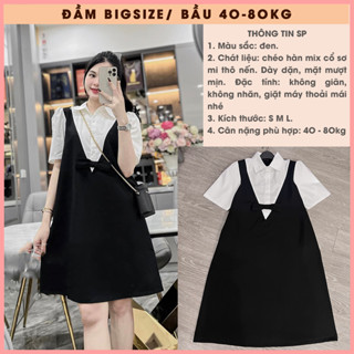 Đầm Bigsize/ Bầu Công Sở Yếm liền cổ sơ mi OanhLTK Váy bầu ngắn tay mùa hè màu đen mix trắng nơ