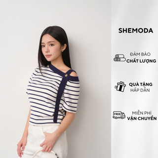 Áo Trễ Vai Nữ Tay Ngắn Dệt Kim SHEMODA Should Top Phối Cúc Kim Loại Hiện Đại, Áo Thun Nữ Lệch Vai